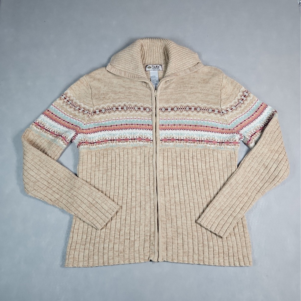 Tiara International Womens Tan Fair Isle Zip Front Sweater Jacket Size Large